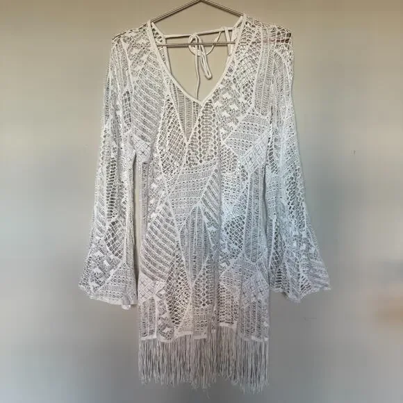 PILYQ PQ Women Swim Coverup Dress M/L Ivory Mini Crochet Whimsical Cottage Fairy - Picture 2 of 10
